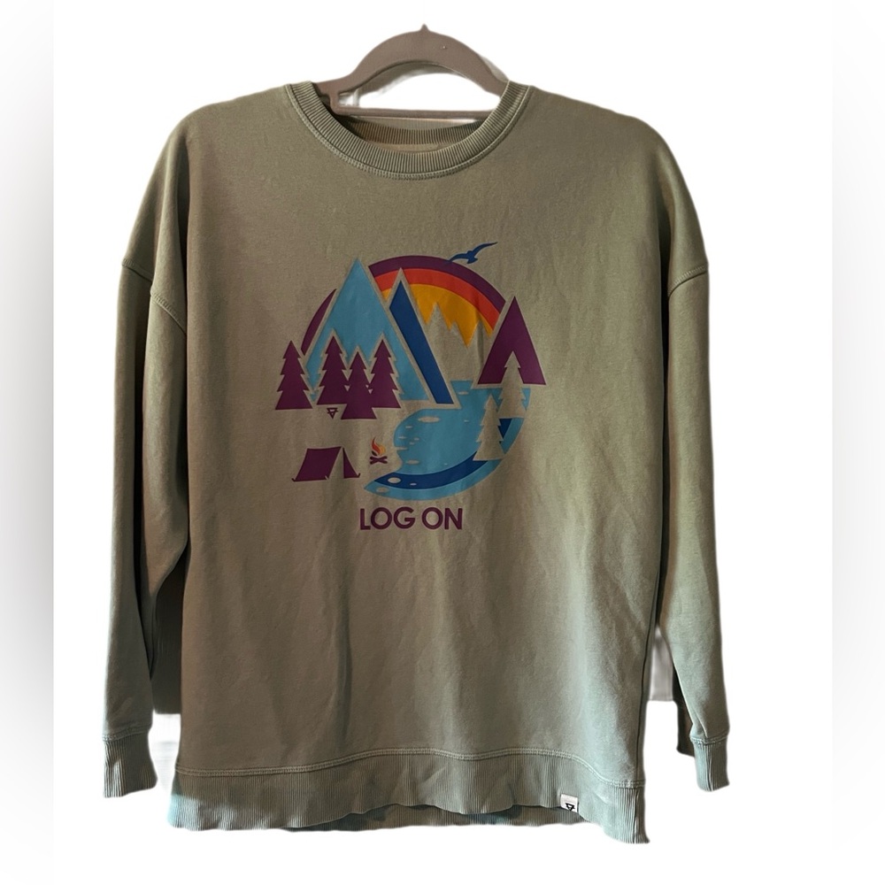 Liv Outdoors Green Sweatshirt with Colorful Mountain Graphic.